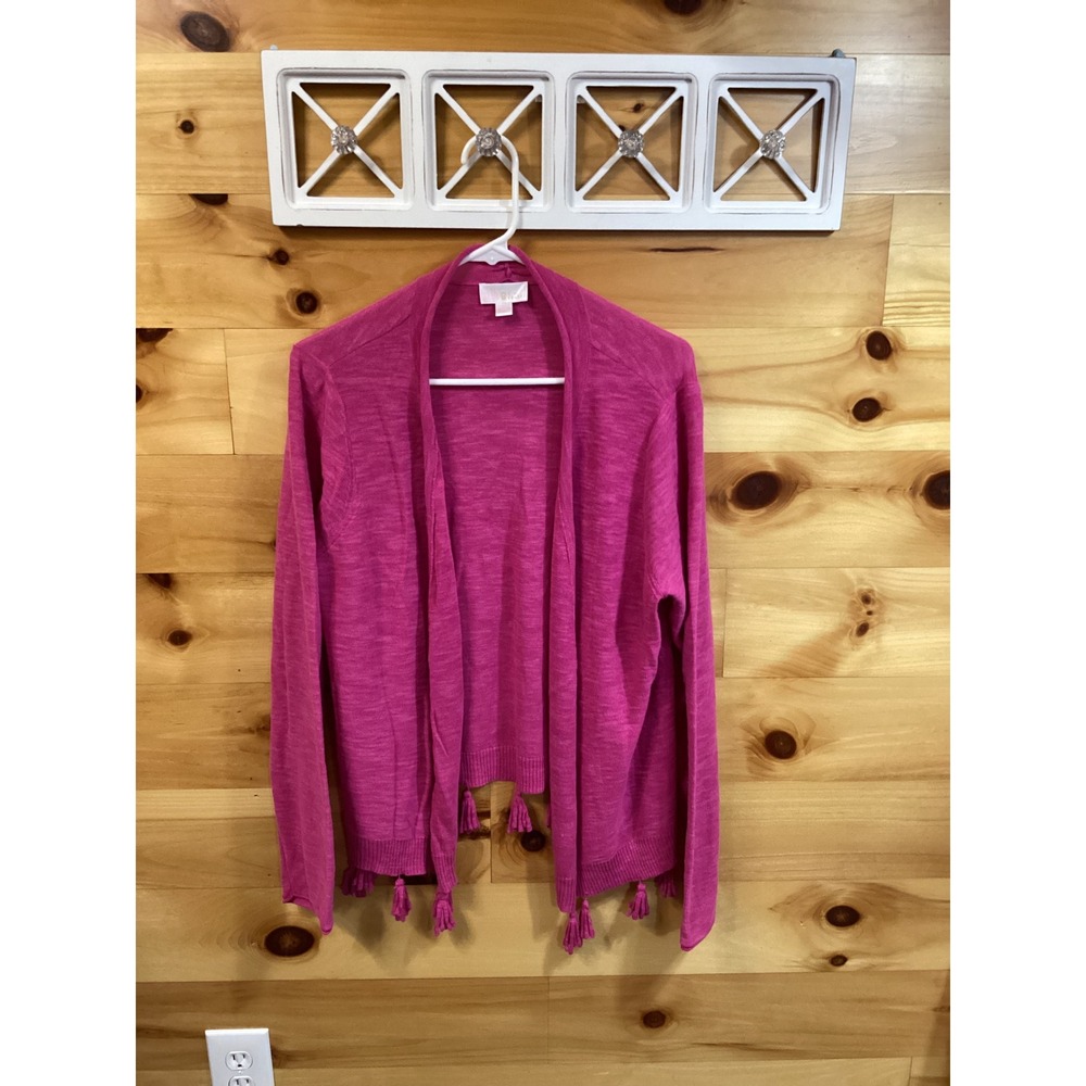 Belle by Kim Gravel Women Fuchsia Pink Tassel Hem Open Front Cardigan Sweater L